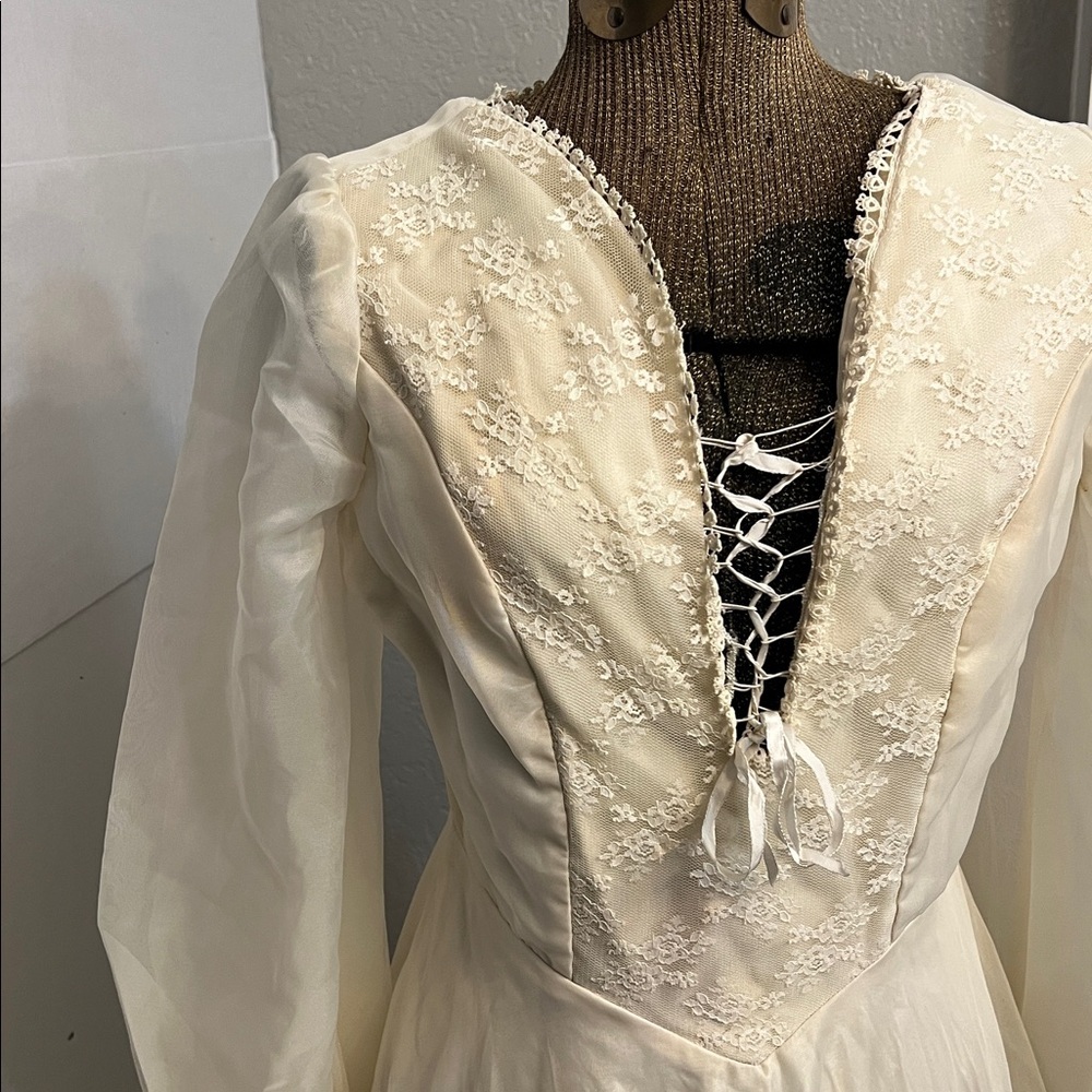 HANDMADE VINTAGE LONG LACE-UP  COTTAGECORE BOHO WEDDING GOWN 60’s/70’s - Picture 5 of 17